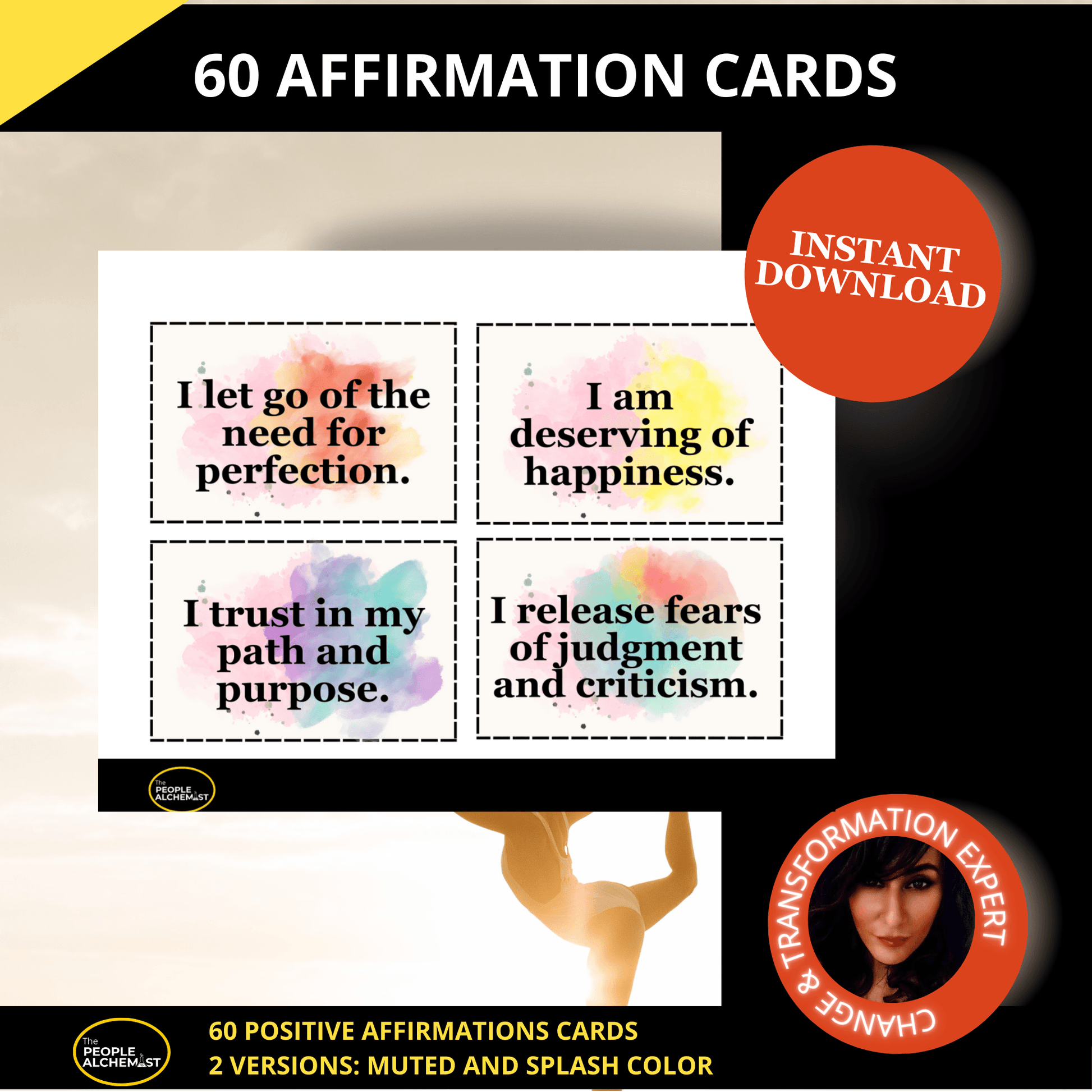 60 affirmation cards image. 60 positive affirmations cards , two versions: muted and splash color. Instant Download after purchase. Made by a Change & transformation Expert