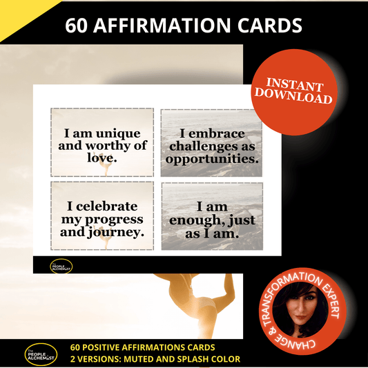 60 positive affirmations cards cards photo.  Available in two versions: muted and splash color. Instant download after purchase. Positive psychology in action - change made easy