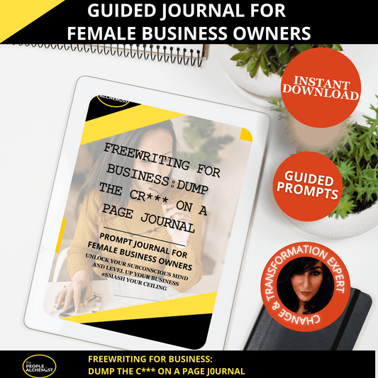 Guided journal for female business owners. Freewriting for business:dump the c*** on a page journal. Guided prompts. Made by a change and transformation expert. Instant download after purchase. Image of a white iPad on a white table next to a green plant showing the digital journal cover