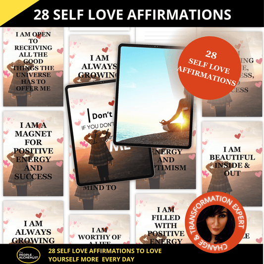 Self love affirmations image with collage of several positive self love affirmations plus 28 self love affirmations sticker. Made by a Change & Transformation Expert. 28 self love affirmations to love yourself more every day