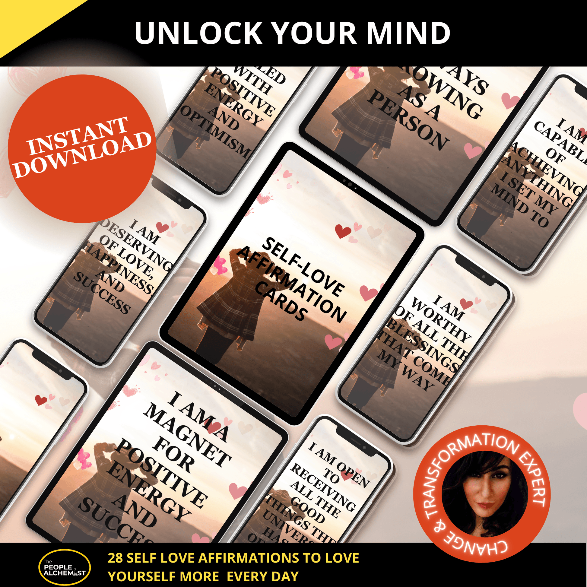 Unlock your mind image. Instant download sticker. Made by a Change & Transformation Expert. 28 self love affirmations to love yourself more every day