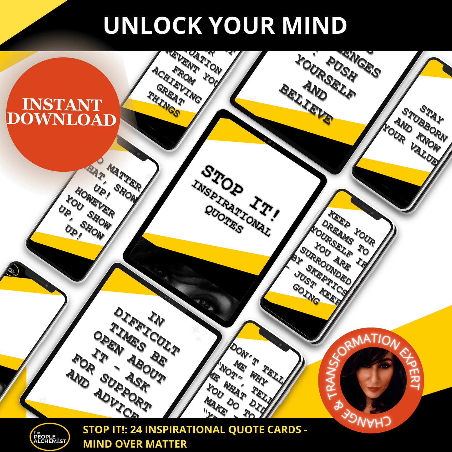 Unlock your mind image with several positive flashcard  showcasing different inspirational quotes. Made by a Change & Transformation Expert. Instant download after purchase