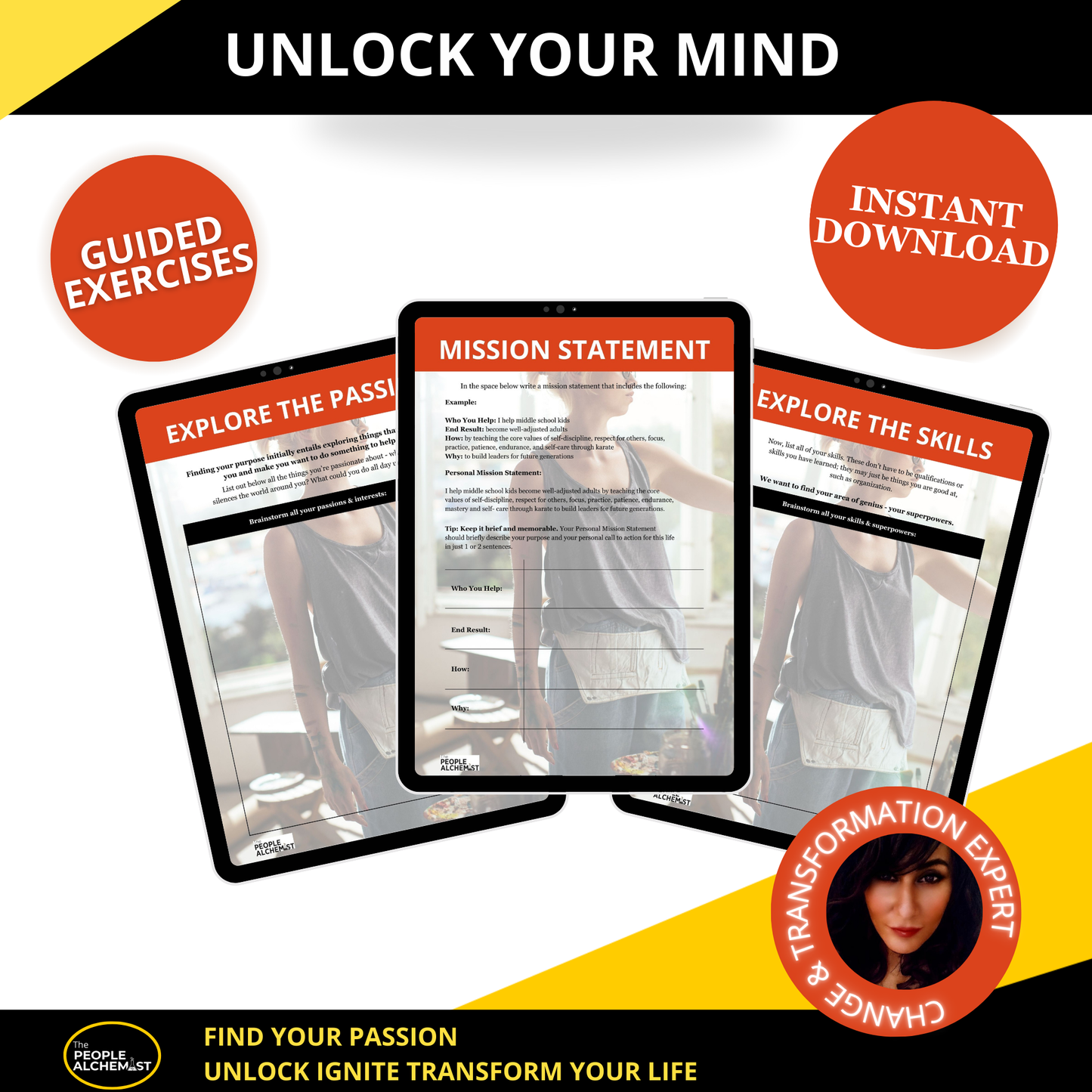 Unlock your mind. Image showing 3 iPads with pages from the digital journal. Guided exercises. Instant download after purchase. Made by a change and transformation expert