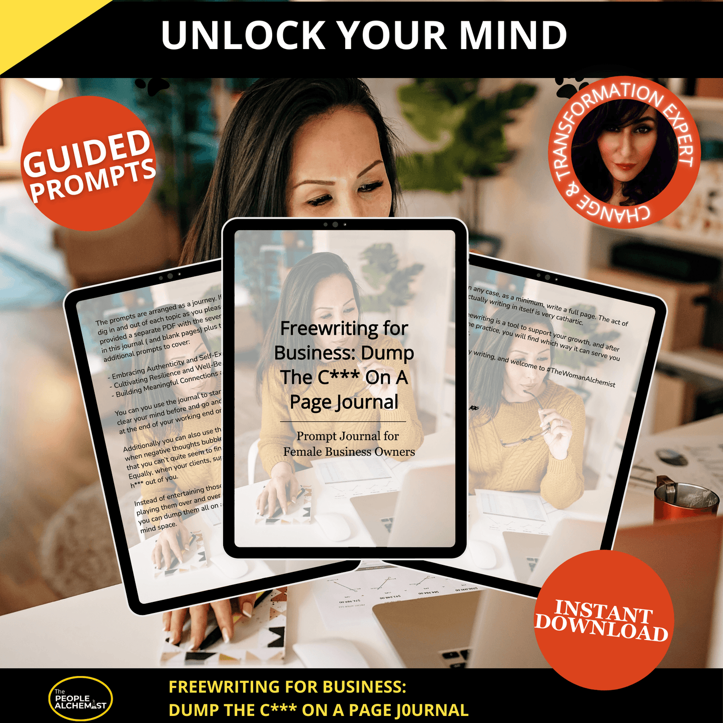 Unlock your mind - Freewriting for business: dump the c*** on page journal printable. Guided prompts. Instant download after purchase. Image showing 3 iPads with different pages from the digital journal