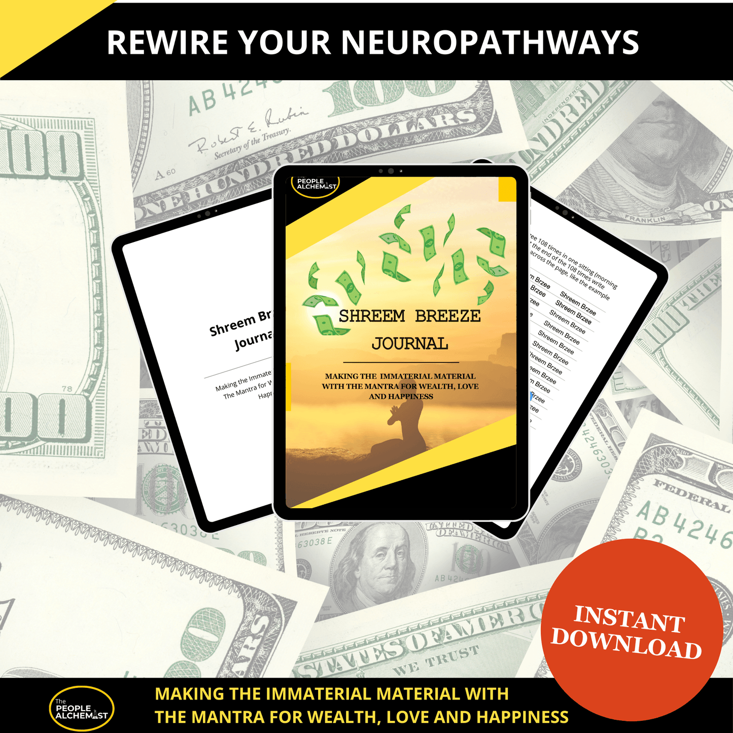 Rewire your neuropathways. Image showing 3 iPad showing Shreem Brzee journal cover, first page and sample page. Making the immaterial material with  the mantra for wealth , love and happiness. money mindset. Instant download after purchase