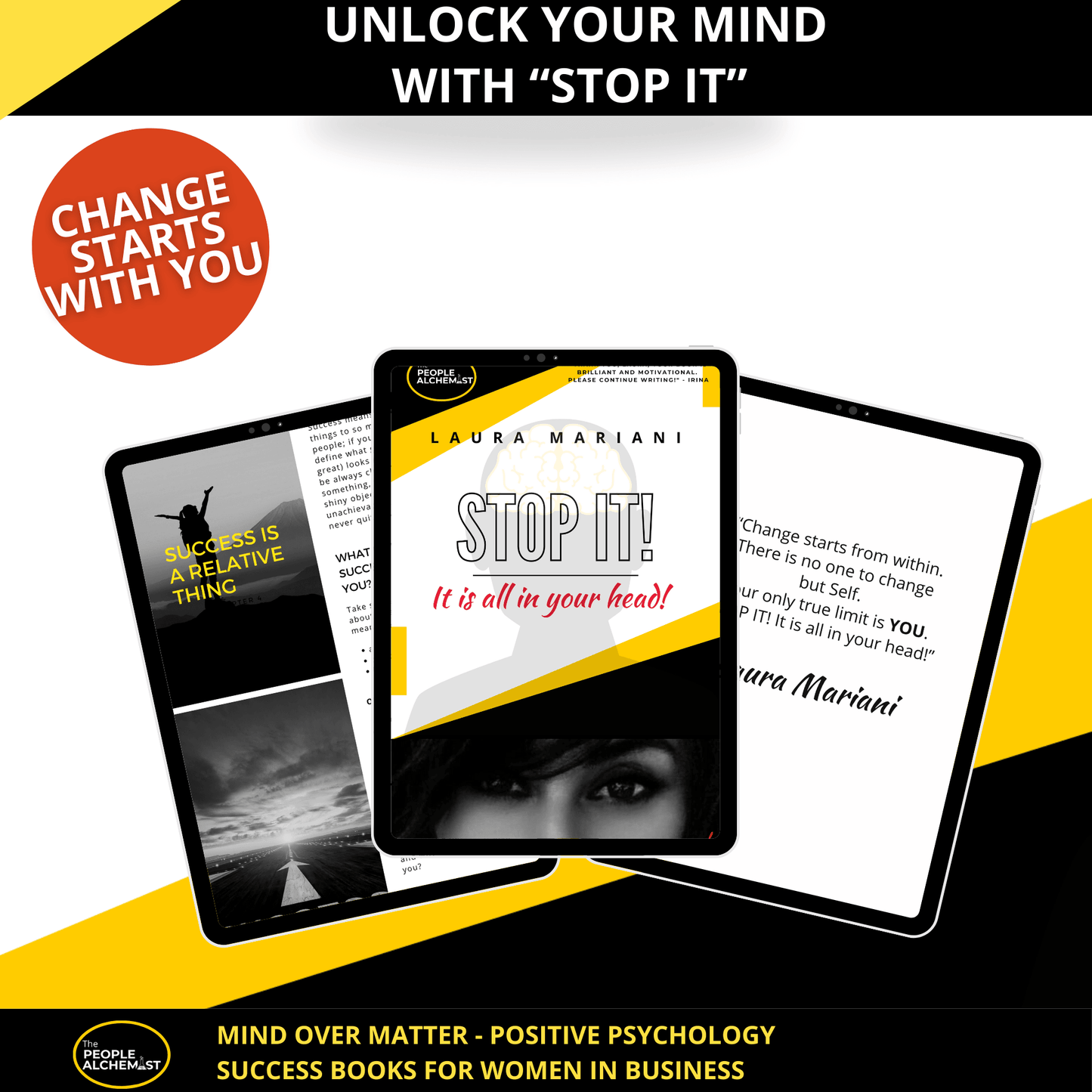 Unlock your mind with "STOP IT" header. Change starts with you. "STOP IT" cover and  pages on iPad. Mind over matter - positive psychology success books for women in busiiness