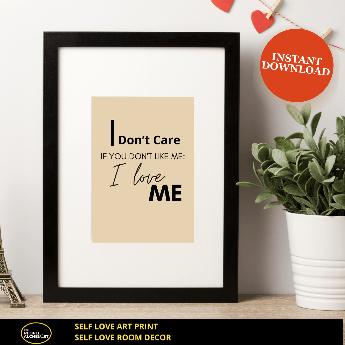 Image of self love art print ( sepia color design) in black frame. Self love room decor. Instant download after purchase