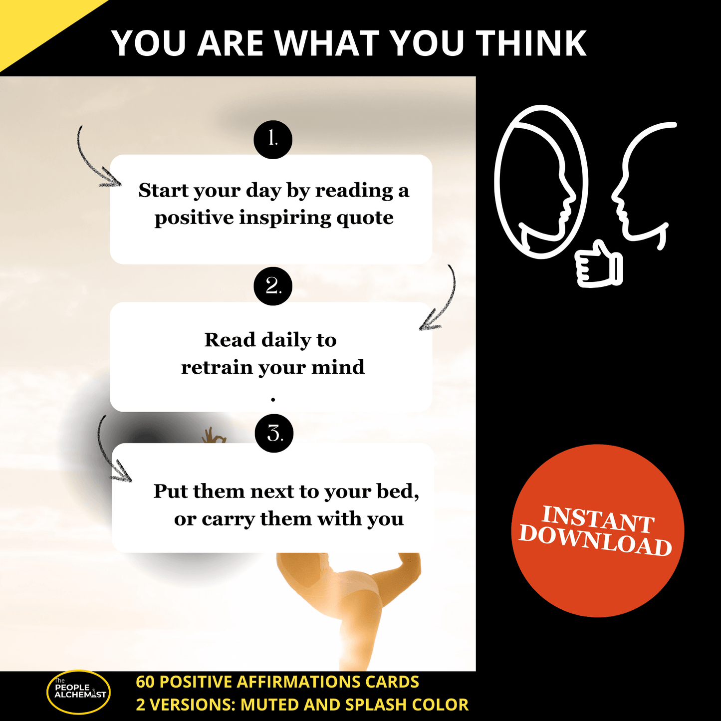 You are what you think image . Start your day by reading a positive inspiring quote. Read daily to retrain your mind. Put the positive affirmations cards next to your bed, or carry them with you. Instant download after purchase sticker.