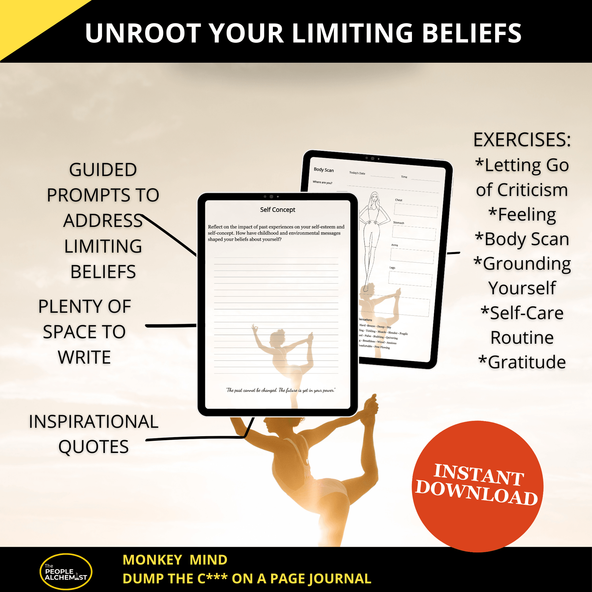 Unroot your limiting beliefs, guided prompts, plenty of space to write, inspirational quotes and exercises. Monkey mind: dump the c*** on a page journal. Instant download after purchase