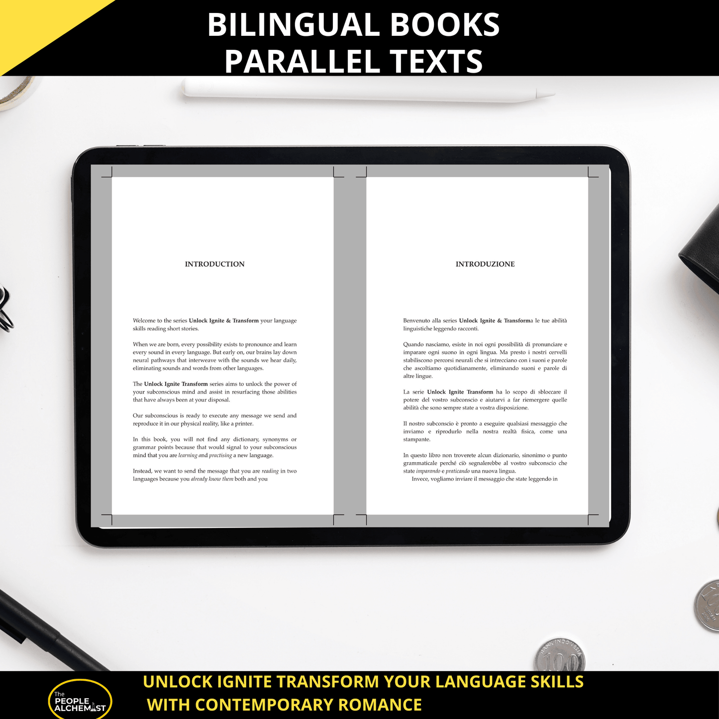 Bilingual books parallel text. image show an iPad with English and Italian text side by side. Unlock Ignite transform your language skills with contemporary romance