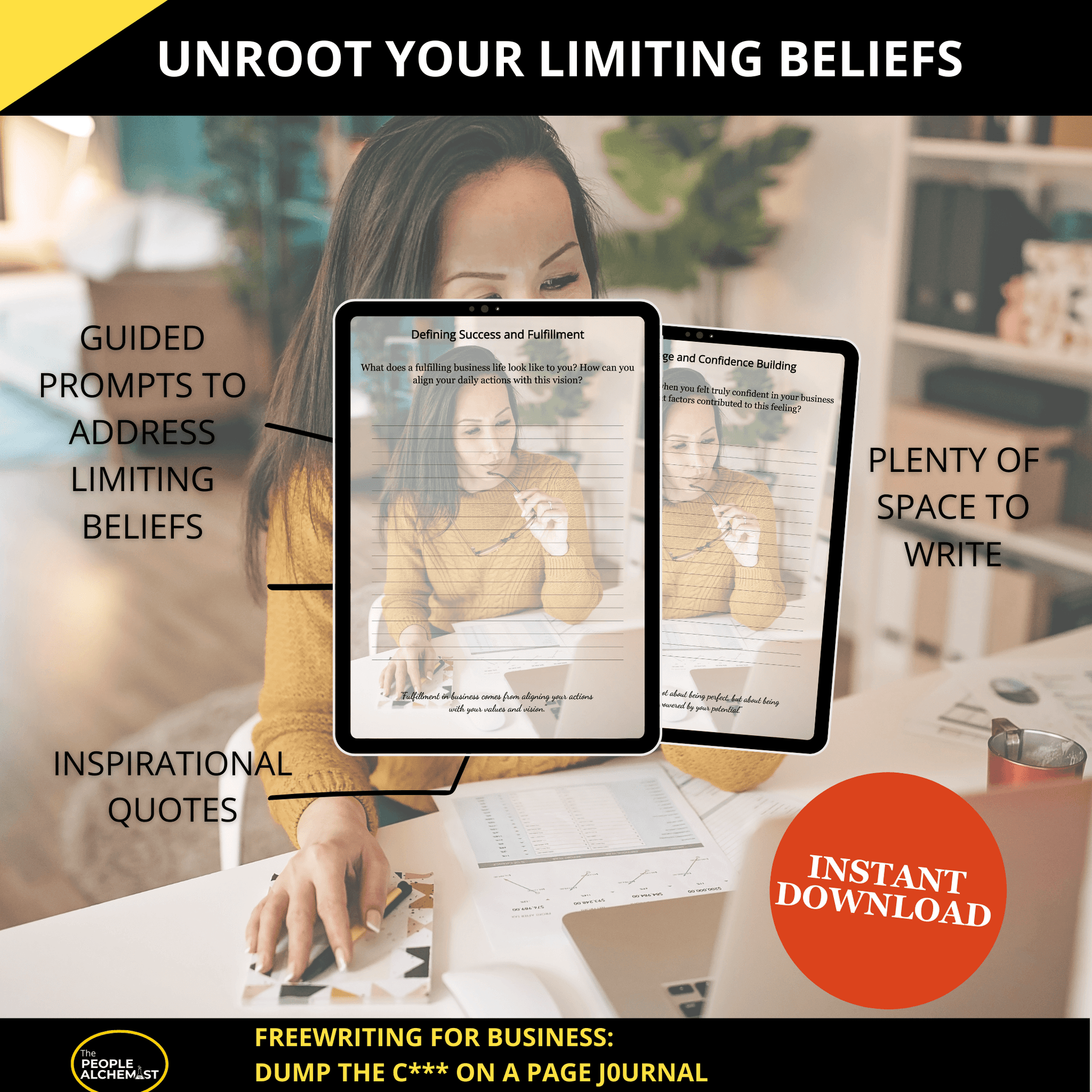 Unroot your limiting belief. Guided prompts to address limiting beliefs. Inspirational quotes and plenty of space to write. Freewriting for business: dump the c***  on a page journal. Instant download after purchase. 