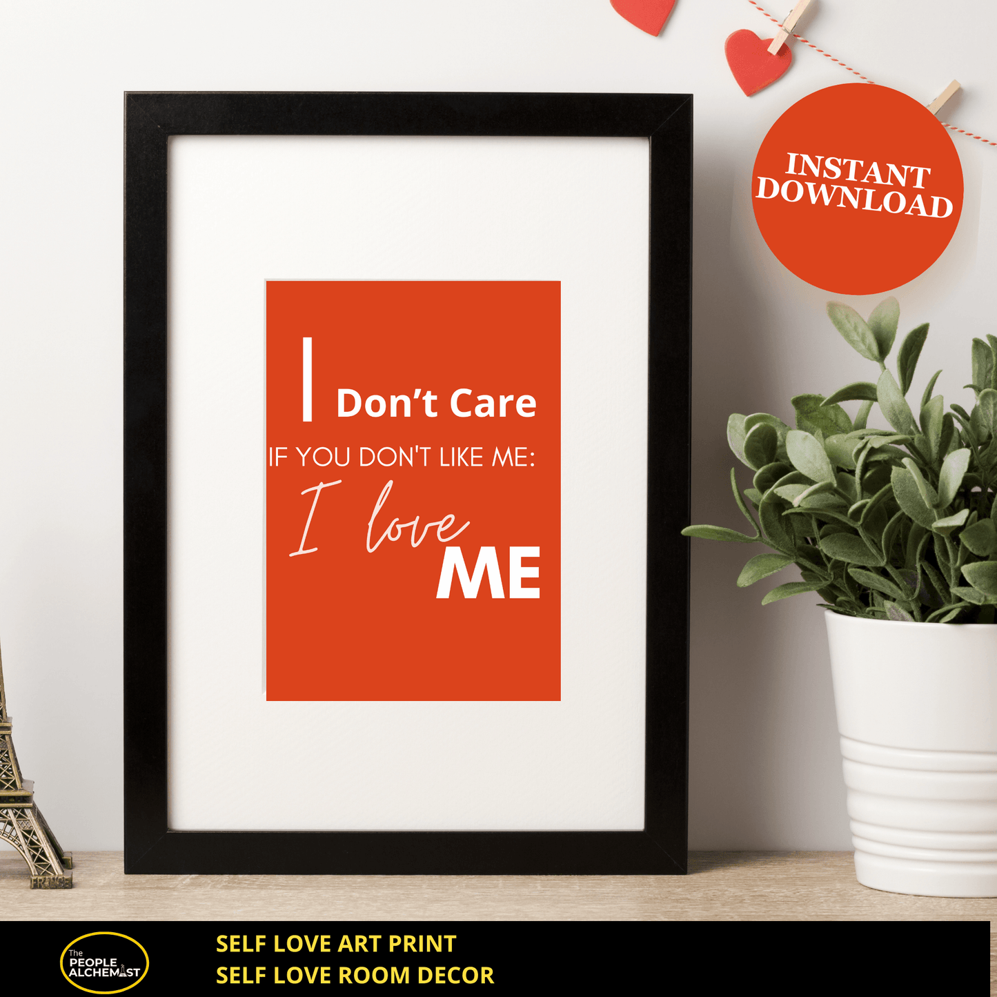 Image of black frame leaning against wall . Living room decor. Self love art print in red color. Self love room decor. Instant download after purchase