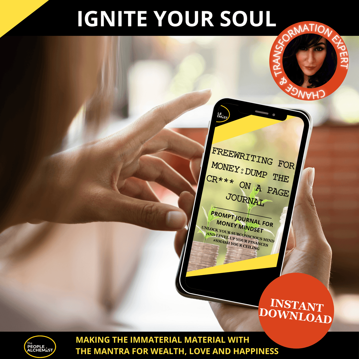 iGNITE your soul. Image of woman holding a iPhone in her hand showing the cover of the Shreem brzee journal. Made by a Change and transformation expert. Instant download after purchase