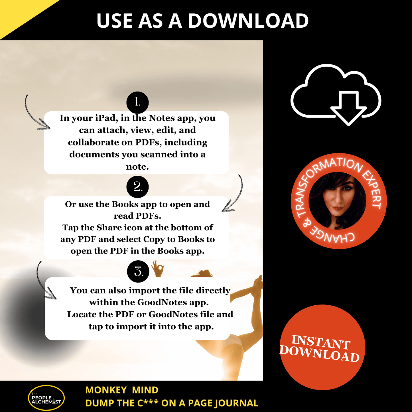 Use as download in your iPad in the Notes app or Books app. You can also import the file directly on your GoodNotes apps. Instant download after purchase. Made by a change and transformation expert