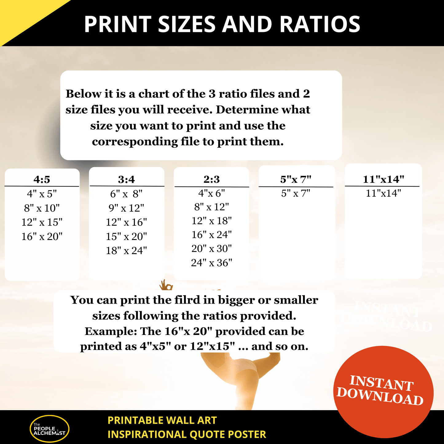 Print sizes and ratios. In the image there is a chart of the 3 ratios and 2 size files you will receive. Determine what  size you want to print and use the corresponding file to print them. Instant download file after purchase