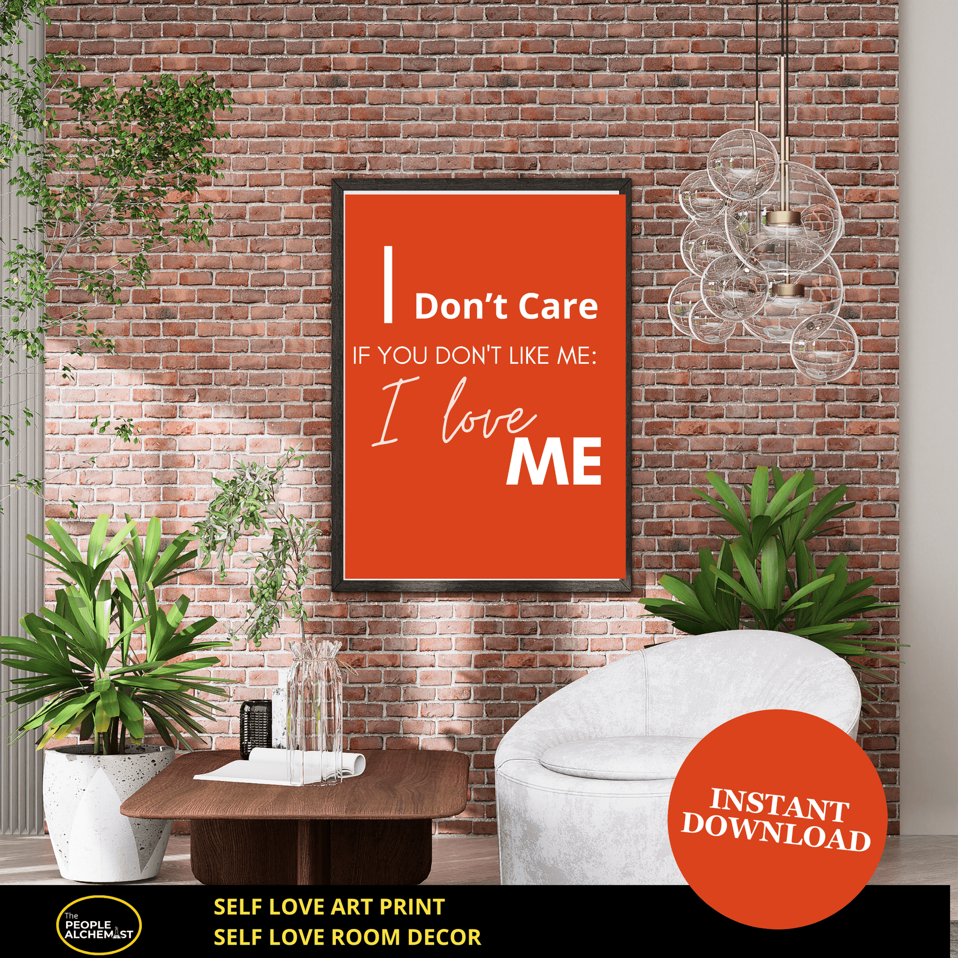 Black frame hanging on exposed brick wall  with self love art print in red color. Living room decor  with white sofa chair, plant in a white vase and small wood coffee table. Instant download after purchase