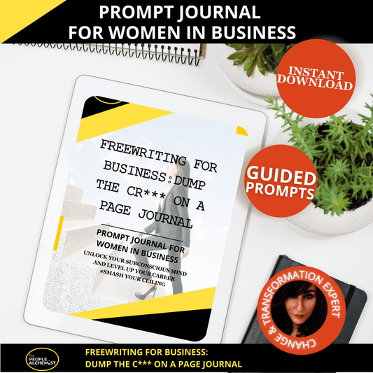 Prompt journal for women in business. Freewriting for business: dump the c*** on a page journal with guided prompts. Made by a change and transformation expert. Instant download after purchase. Image of a white iPad  on a white table next to a green plant showing the cover of the digital journal