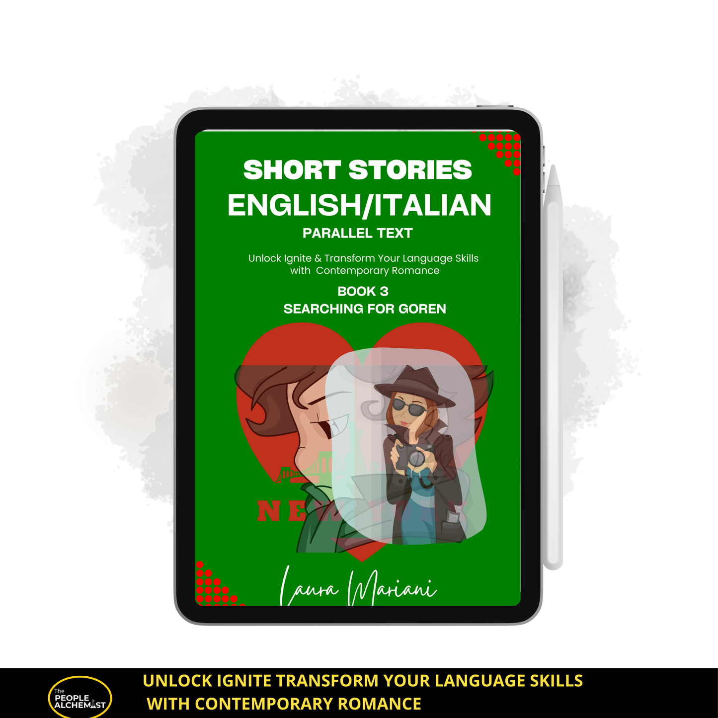Short stories in English Italian parallel text. Book 3 Searching for Goren. iPad with book cover.