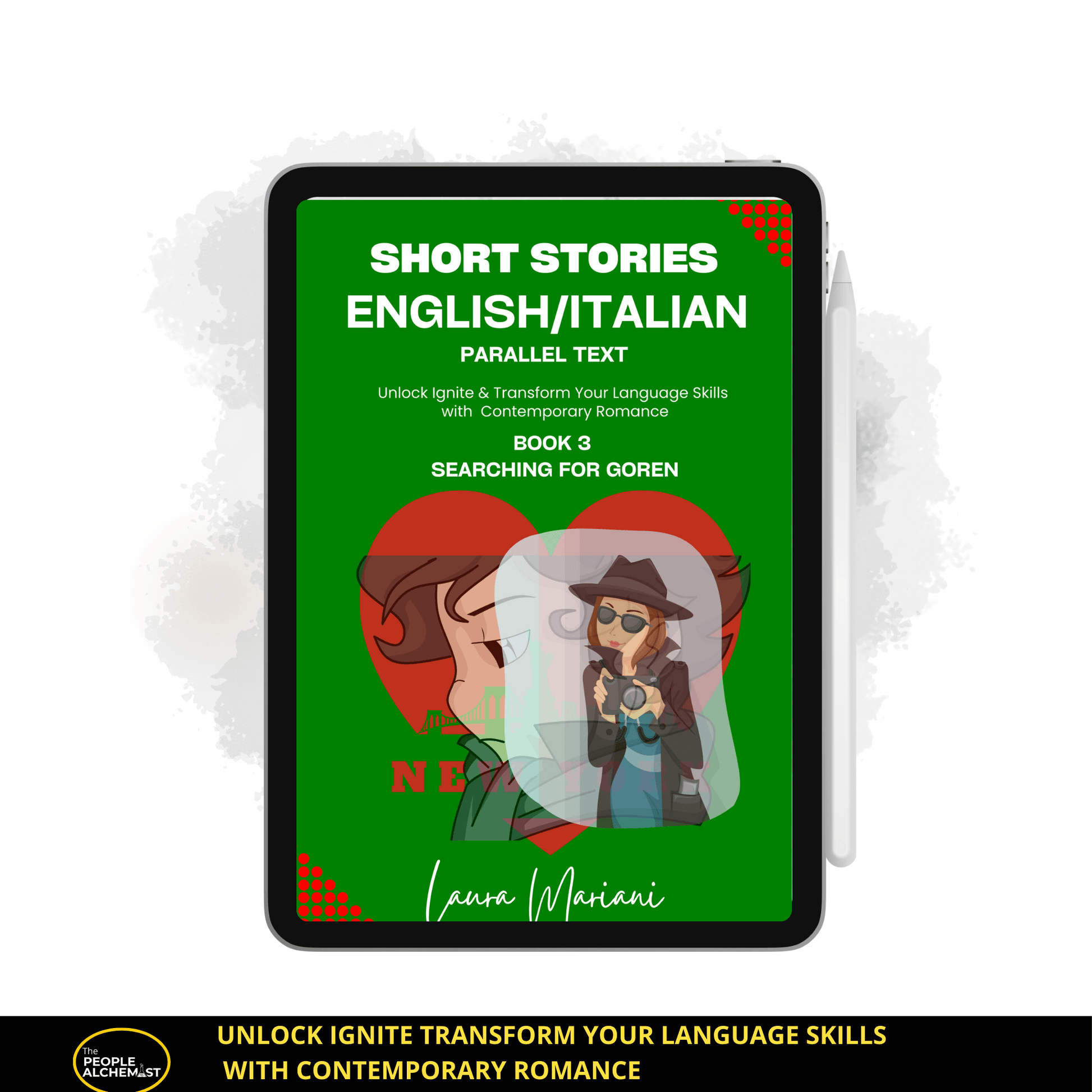 Short stories in English Italian parallel text. Book 3 Searching for Goren. iPad with book cover.