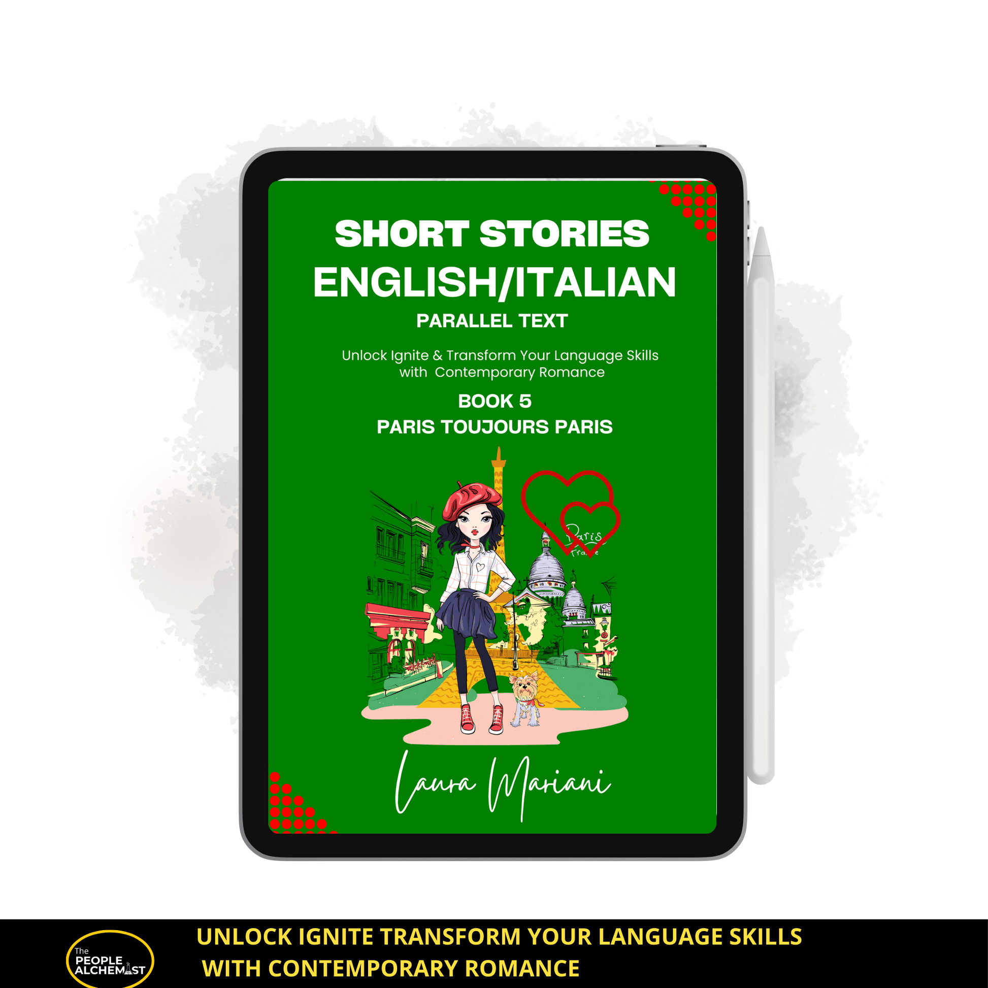 Short stories English Italian parallel text book 5 " Paris Toujours Paris". Image showing book cover in iPad