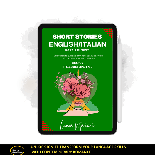 Short stories English Italian parallel text book 7 "Freedom over me". Image showing iPad with book 7 cover
