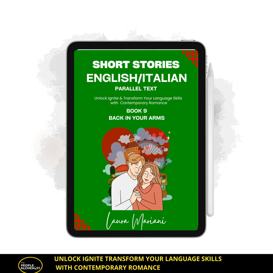 Short stories English Italian parallel text book 9 "Back in your arms". Image showing iPad displaying book 9 cover