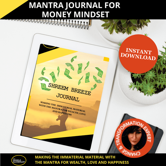 Mantra journal for money mindset, Shreem Brzee journal making the immaterial material  with the mantra for wealth, love and happiness. Image showing iPad  on white table next to green plant showing the journal cover. Instant download after purchase. Made by a change & transformation experte