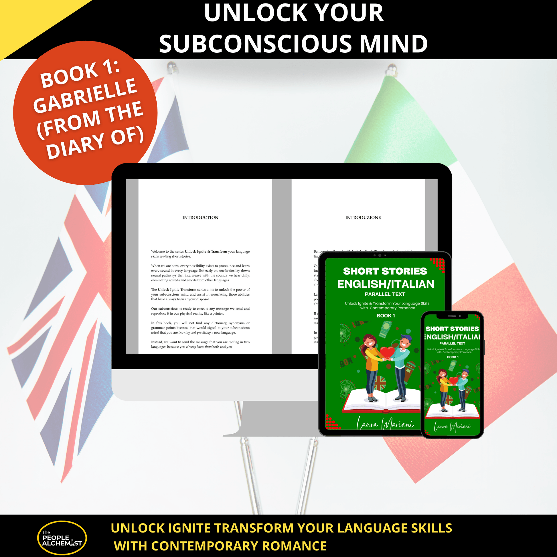 UNLOCK YOUR SUBCONSCIOUS MIND. BOOK 1 : GABRIELLE. COMPUTER SCREEN IPAD AND IPHONE SHOWING BOOK COVER AND LAYOUT