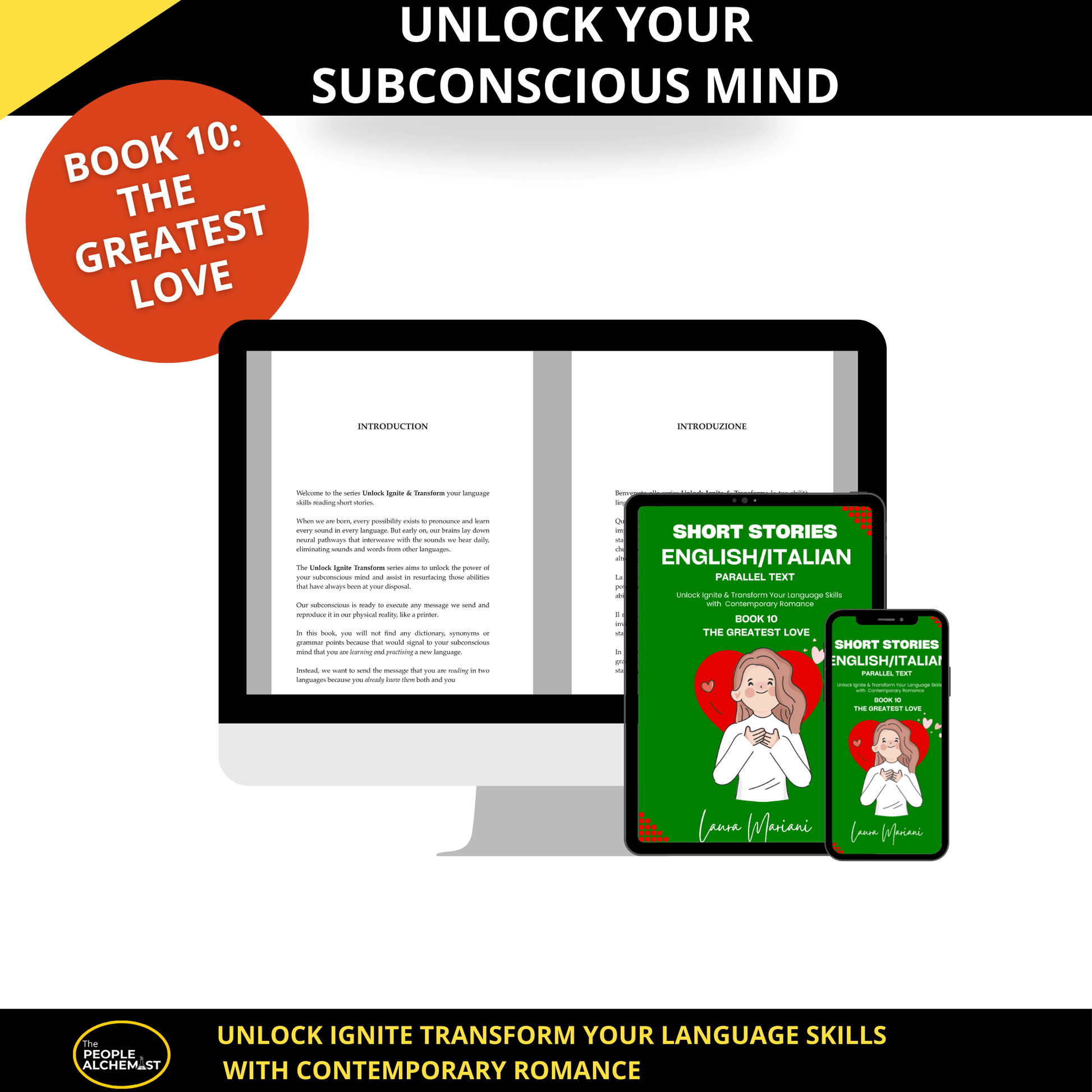 Unlock your subconscious mind. Image with computer screen showing parallel text English Italian and iPad iPhone displaying book cover