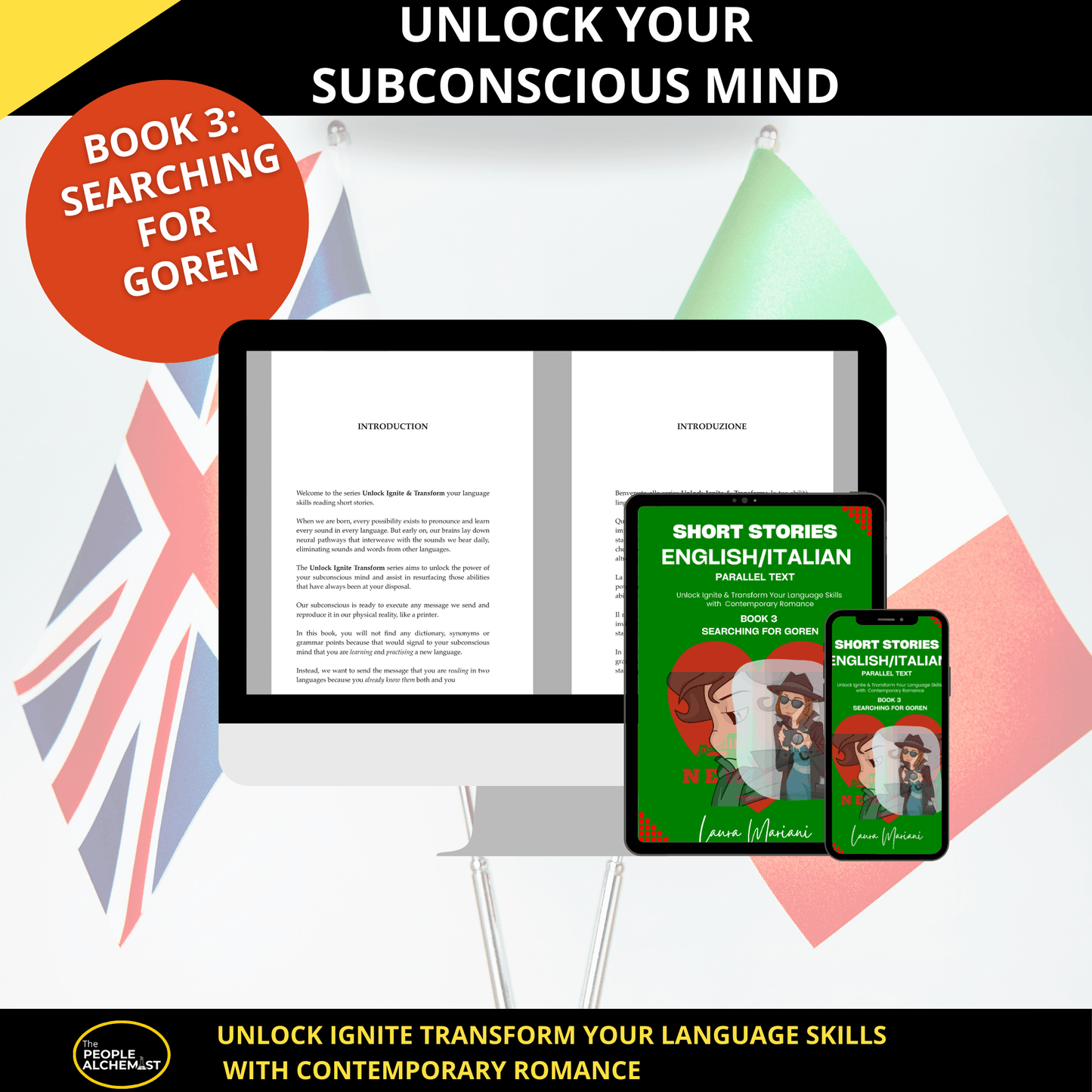 unlock your subconscious mind heading. Image showing computer screen with parallel text and iPad and iPhone with book cover.