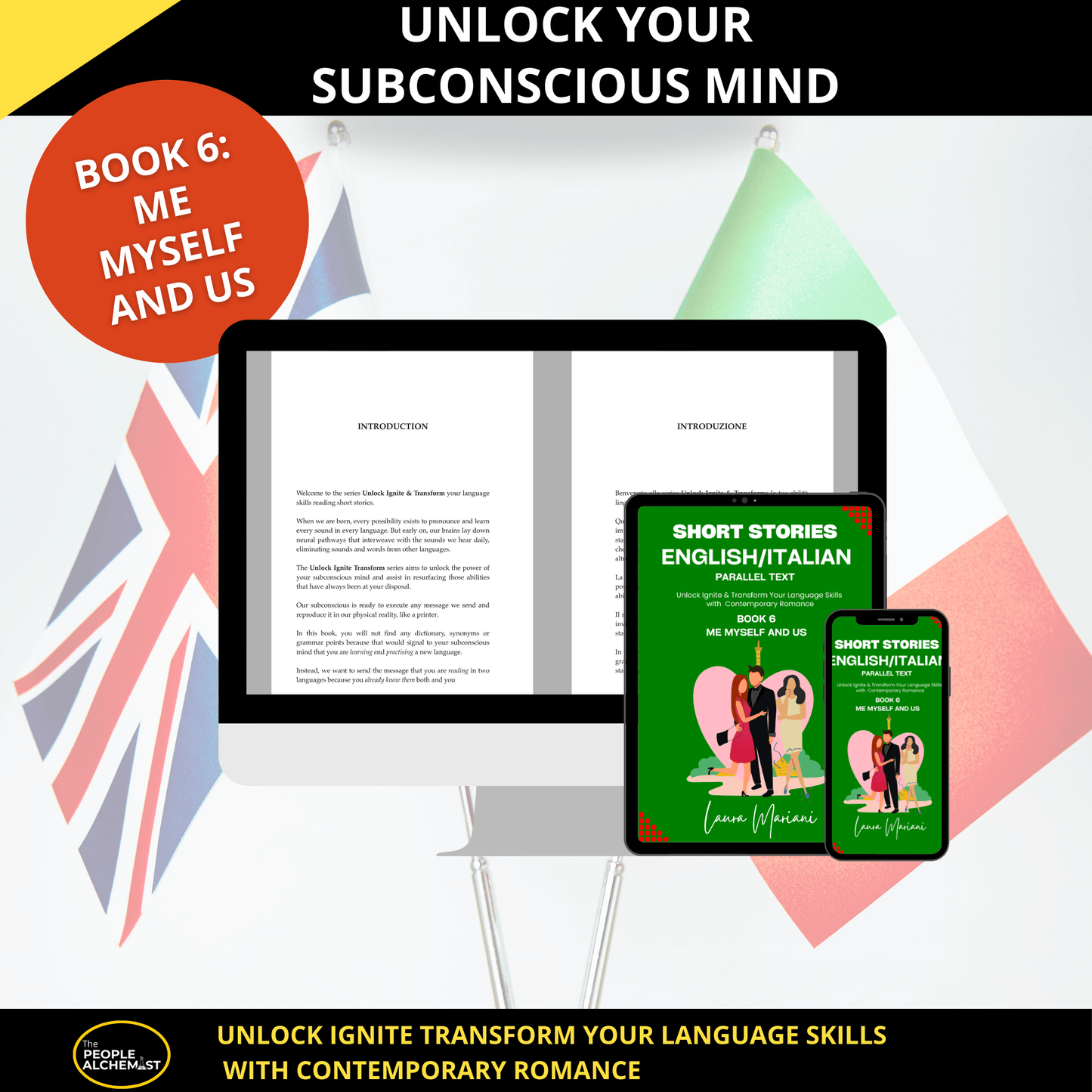 Unlock your subconscious mind. Image showing a computer screen with parallel text English Italian and iPad iPhone showing book 6 cover