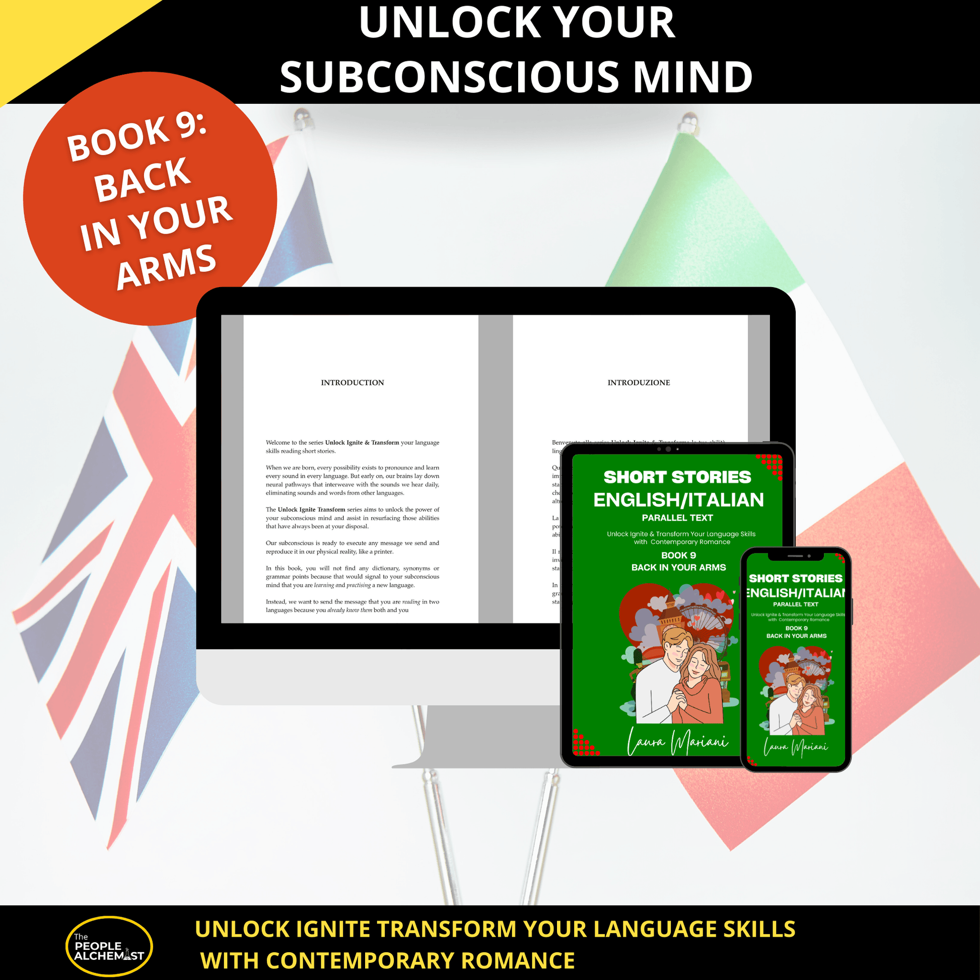 Unlock your subconscious mind. Image showing computer screen displaying parallel text English Italian and iPad iPhone showing book 9 cover. Unlock ignite transform your language skills with contemporary romance